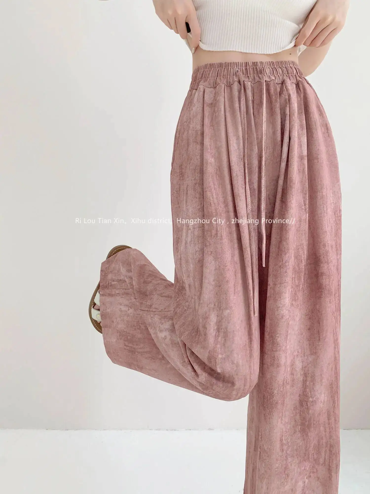 2026 Summer New Ice Silk Linen Long Pants Women Tie Dye Wide Leg High Waist Drooping Feeling Casual Cotton Linen Pants S7VU