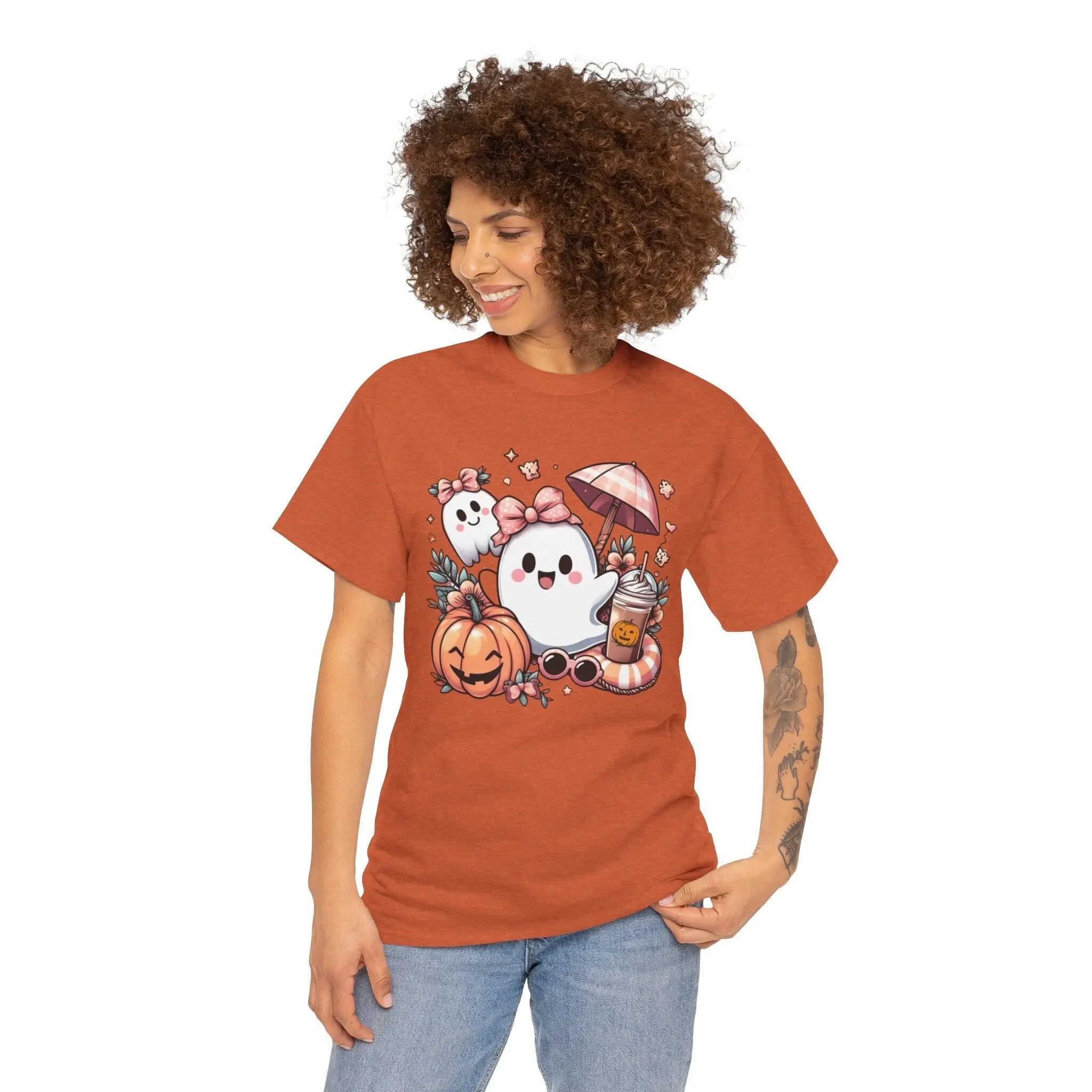 Whimsical Charming Ghost Relaxing By The Beach Vintage Halloween Retro Vibes Pumpkin Spice Latte Spooky Chic