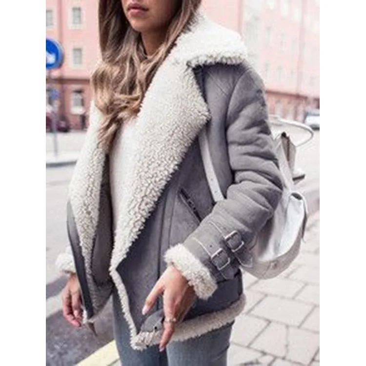 Faux Suede Shearling Coat Women Lapel Fleece Lined Motorcycle Jacket Coats