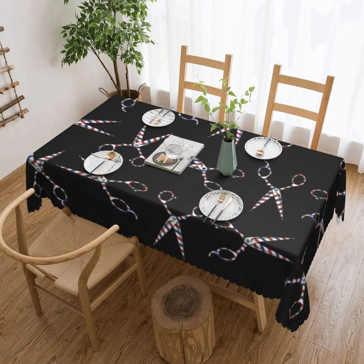 

Rectangular Waterproof Vintage Scissors Haircut Trendy Stripes Table Cover Hairdresser Barber Table Cloth Tablecloth for Picnic