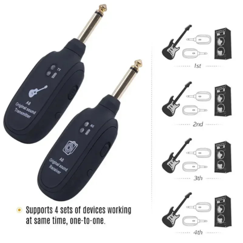 A8 UHF Guitar Pickup Audio Transmitter Receiver Electric Guitar Bass Violin Parts Built-In Rechargeable Battery Wireless System