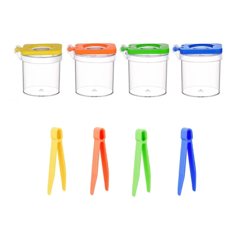 Insect Viewer Set for Children, 4 Observation Cups with View Covers and Tweezers for Classroom Science, Outdoor Learning KXRE