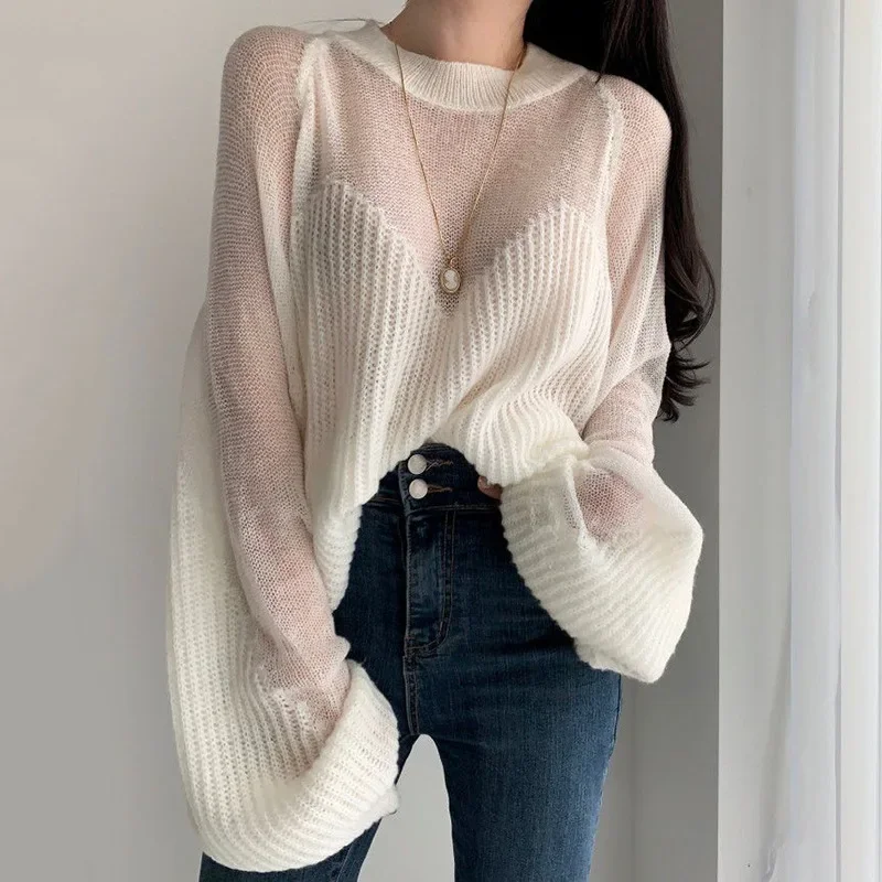 Autumn and Winter New Elegant Loose Thin Lantern Sleeve Sweater Fairy Soft Pullover Female Kawaii Sweater Sexy Perspective Pink