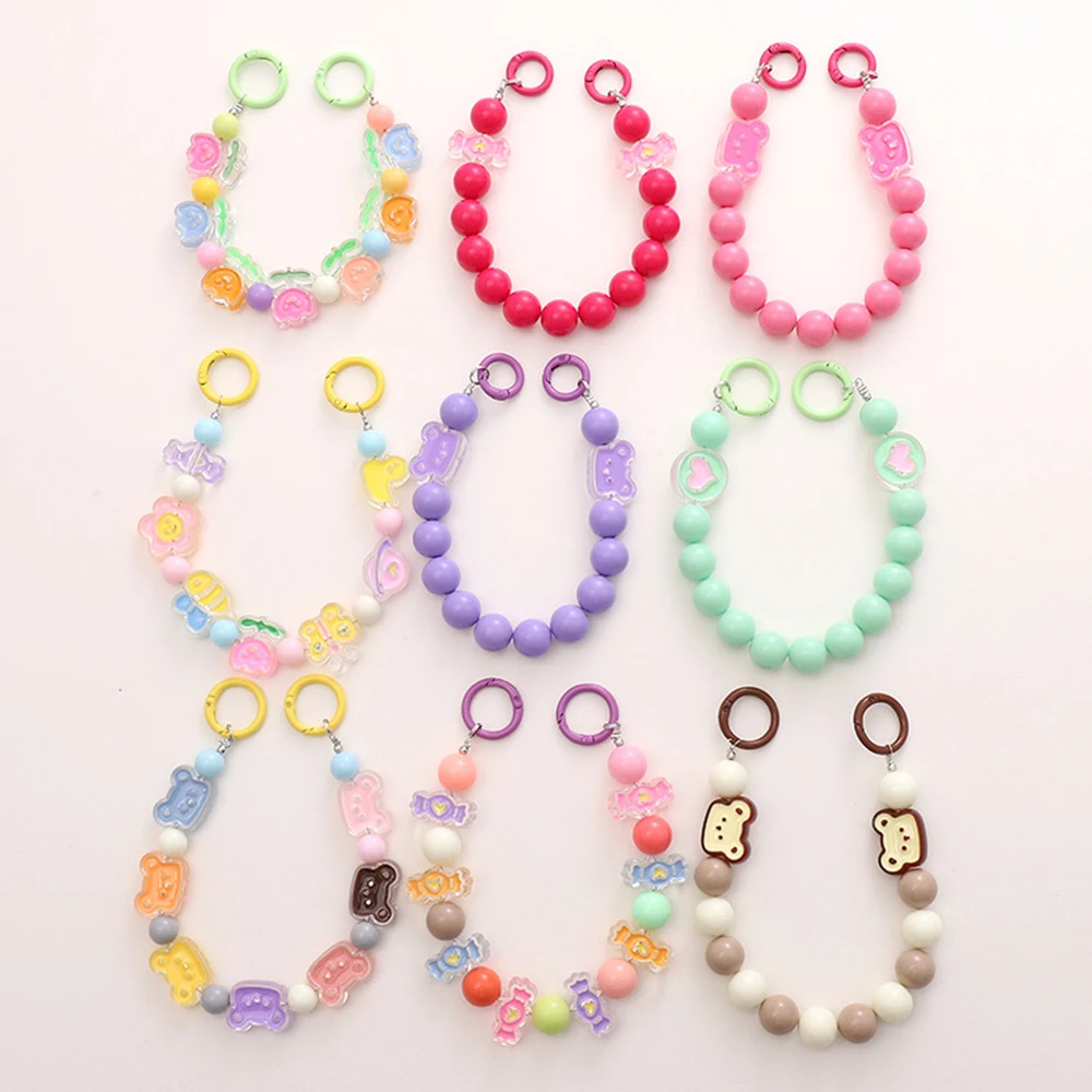 Cute Caroon Bear Beaded Phone Chain Lanyard Colorful Acrylic Pearl Beads Cell Phone Charm Strap Diy Pendant Phone Jewelry