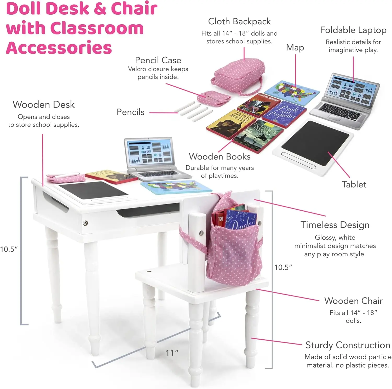 เฟอร์นิเจอร์ตุ๊กตา 18 นิ้วชุดโต๊ะโรงเรียนและห้องเรียน - สีขาว, ชุดของเล่นไม้พร้อมอุปกรณ์การศึกษา, เหมาะกับตุ๊กตา 14 "-18"