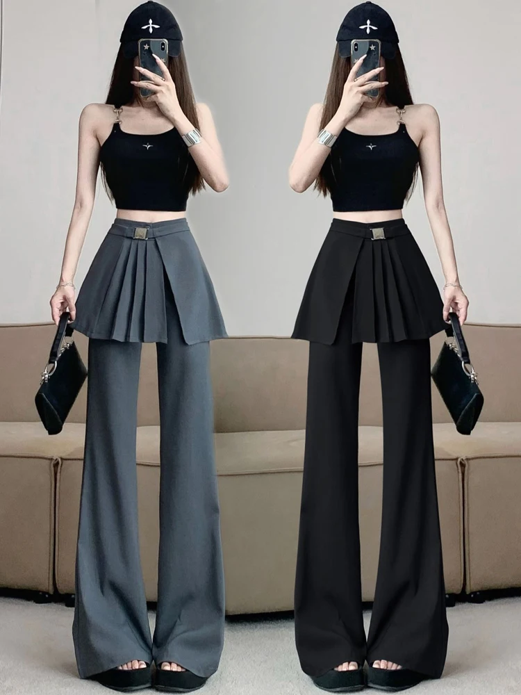 Gray Pleated Wrap Skirt Pants Women's High Waist Slim Straight Leg Casual Suit Long Pants Summer New Style Elegant Simple