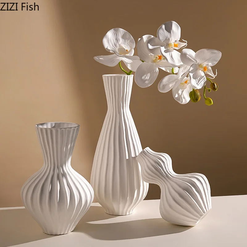 Creative Vertical Wrinkles Ceramic Vase Flowers Pots Desk Decoration Flower Arrangement White Floral Vases Room Aesthetic Decor