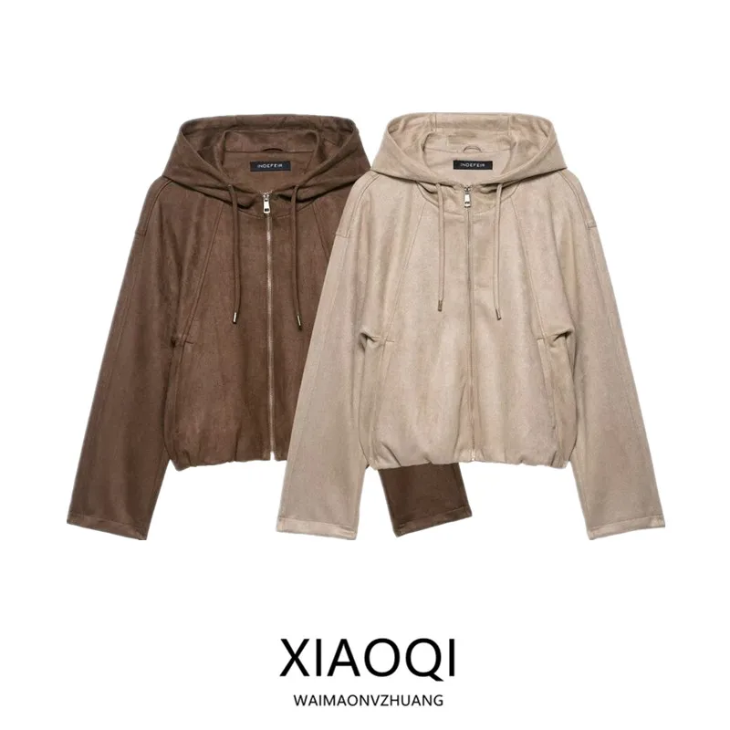 

Autumn New Arrival Women's Loose Velvet Jaet Versatile Outerwear 2025 Fall Collection Long Sve Zipper Closure Hooded