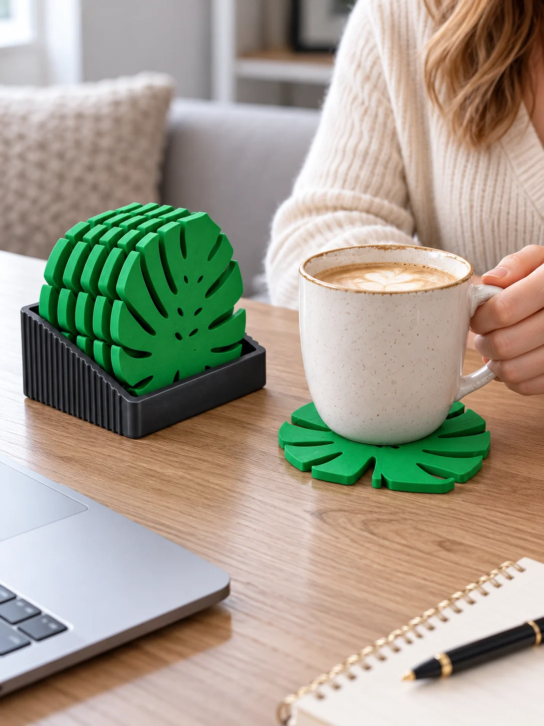 7-Piece Set of Desktop Protective Coasters with Creative Plant Shapes, 3D Printed Pla Material, Monstera Leaf Coasters Set with Storage Rack, Space-Saving, Non-Slip, Heat-Resistant, Waterproof, Anti-Scald, Table Protector, Anti-Stain, Anti-Cup Mark, Superior to Traditional Wooden Cork Mats, Mold-Resistant, No Water Marks, Reusable, Easy to Clean, Suitable for Mugs, Tea Cups, Wine Glasses, Various Water Cups, for Home, Office, Dining Table, Bar Counter, Universal Use