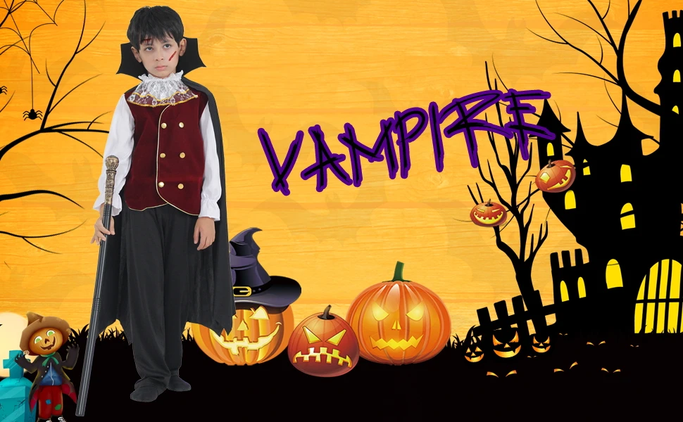 Jungen Halloween Vampir Cosplay Kostüm Kind Erwachsene Vampir Uhr Karneval Party Outfit Kostüme mit falschen Zähnen Gehstock – Detail 2