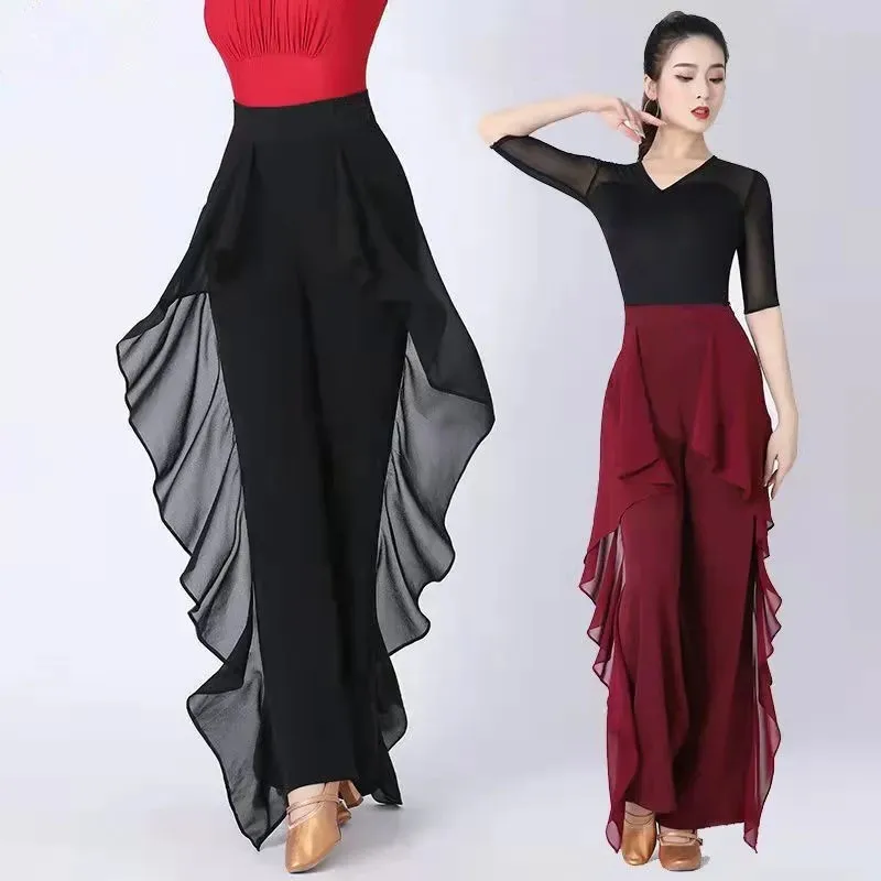 Dance Wide Leg Pants Women\'s High Waist Pants Lotus Leaf Side Wild Dangling Feel Training Pants 2022 New Dance Female pants