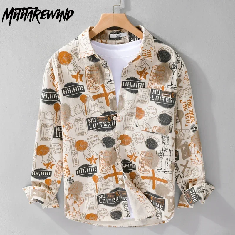 Streetwear Graffiti Funny Shirt Men Spring Fall Pure Cottton New Long Sleeve Shirts Man Japanese Fashion Printed Shirt Youth Top