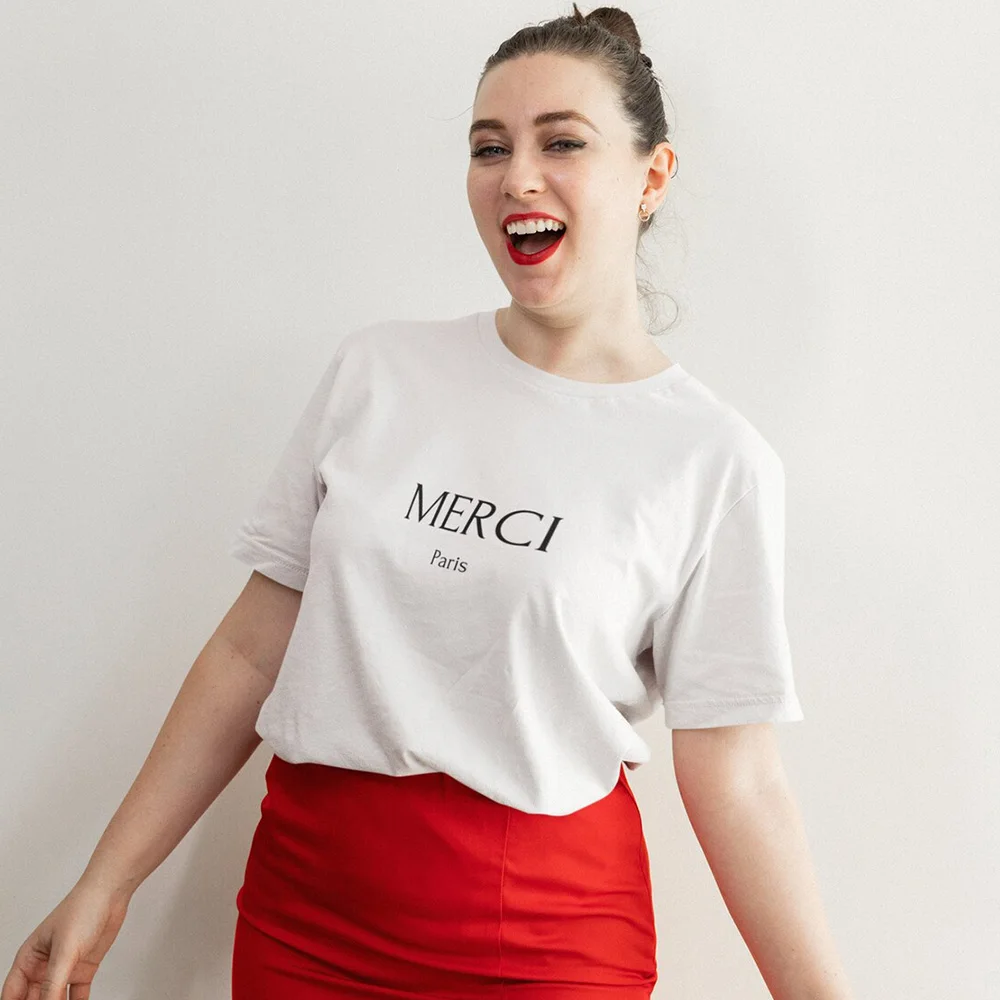 Merci Paris Letters Printed Women White Short Sleeve T Shirts Short Sleeve Loose Cotton Casual Tops Ins Fashion 2024 Summer Tees