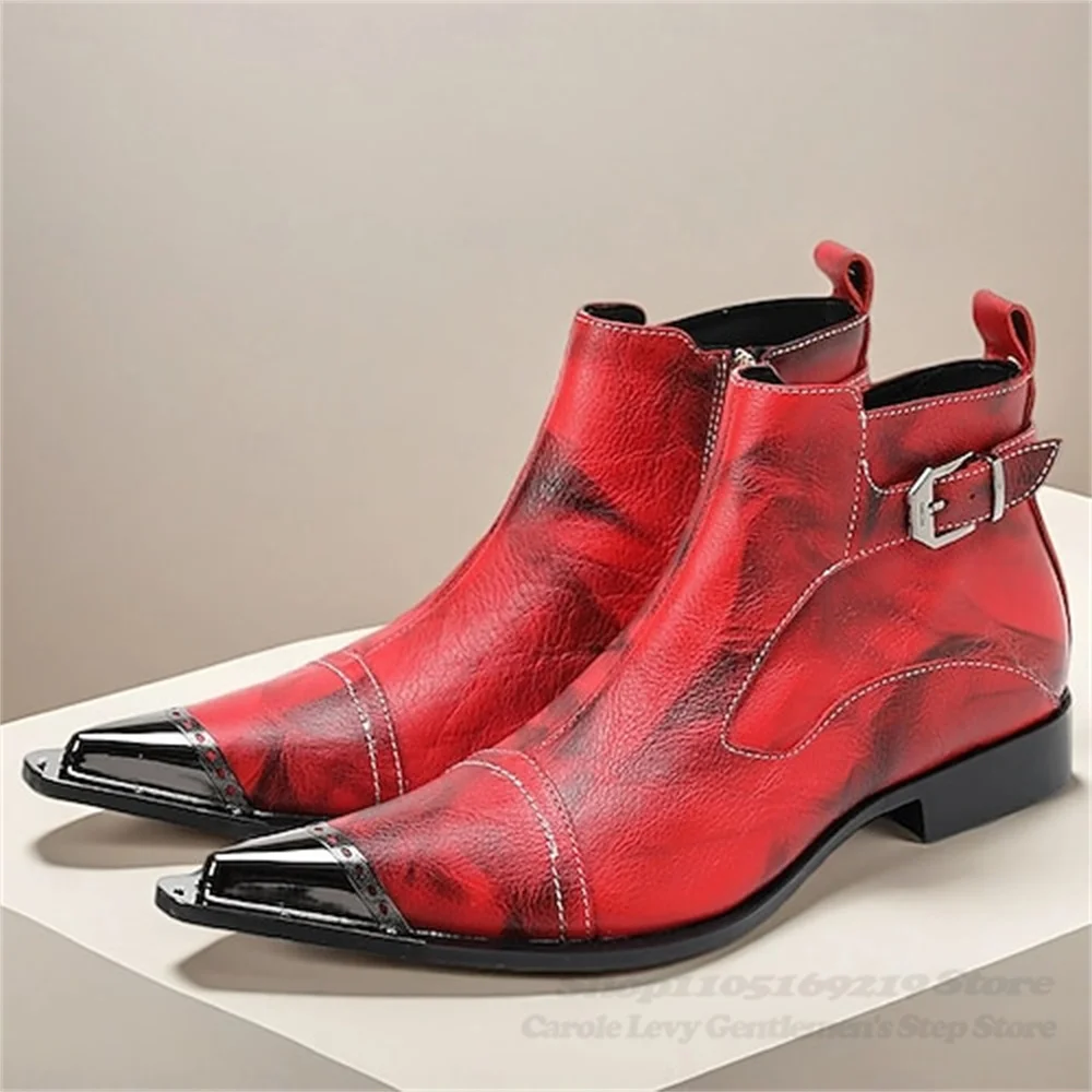 New Personalized Iron Pointed Fashion Boots Trendy Youth Short Boots Nightclub Red Black Leather Buckle Strap Ankle Boots