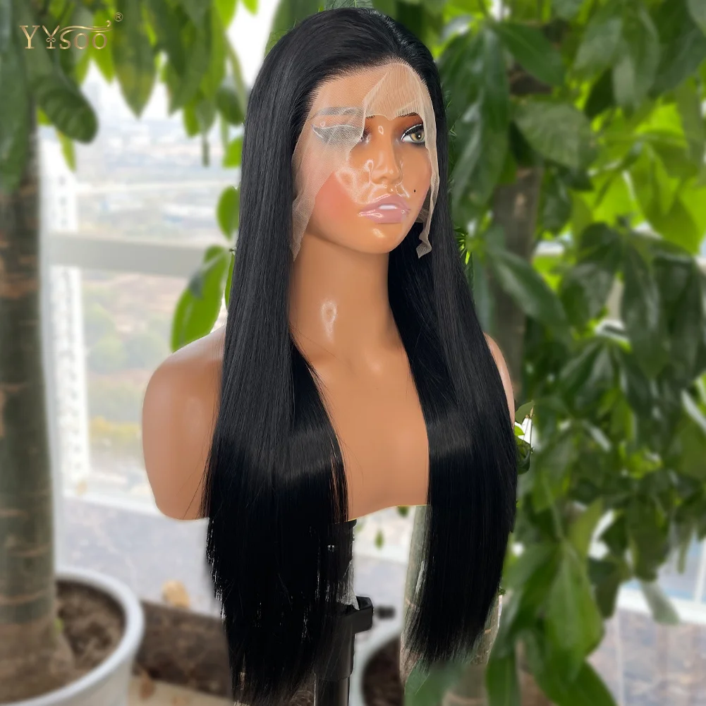 YYsoo 1# Long Silky Straight Dark Black Synthetic Full Lace Wigs for Women Heat Resistant Japan Futura Hair All Hand Tied Wig