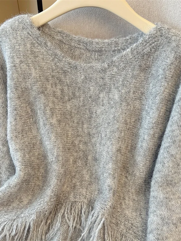 

ort Knitted Sweater Women's Faion Frayed Autumn Winter Versatile Loose Fit round Ne Long Sve Polyester Fiber