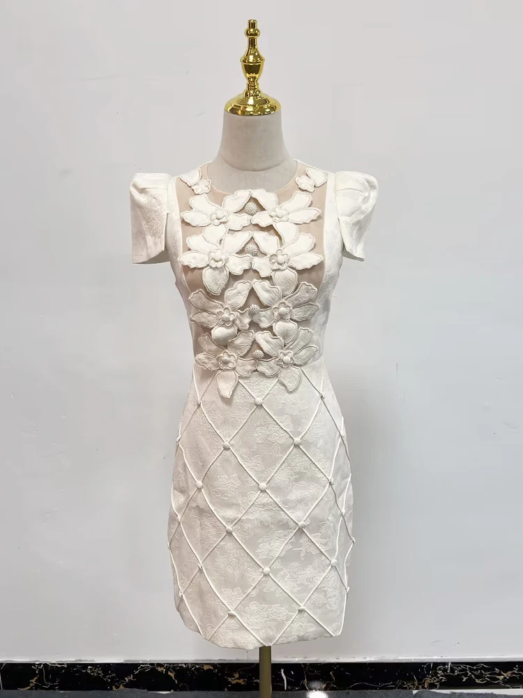 TWOTWINSTYLE Solid Hollow Out Slimming Elegant Dresses For Women O Neck Short Sleeve High Waist Temperament Chic Dress Female
