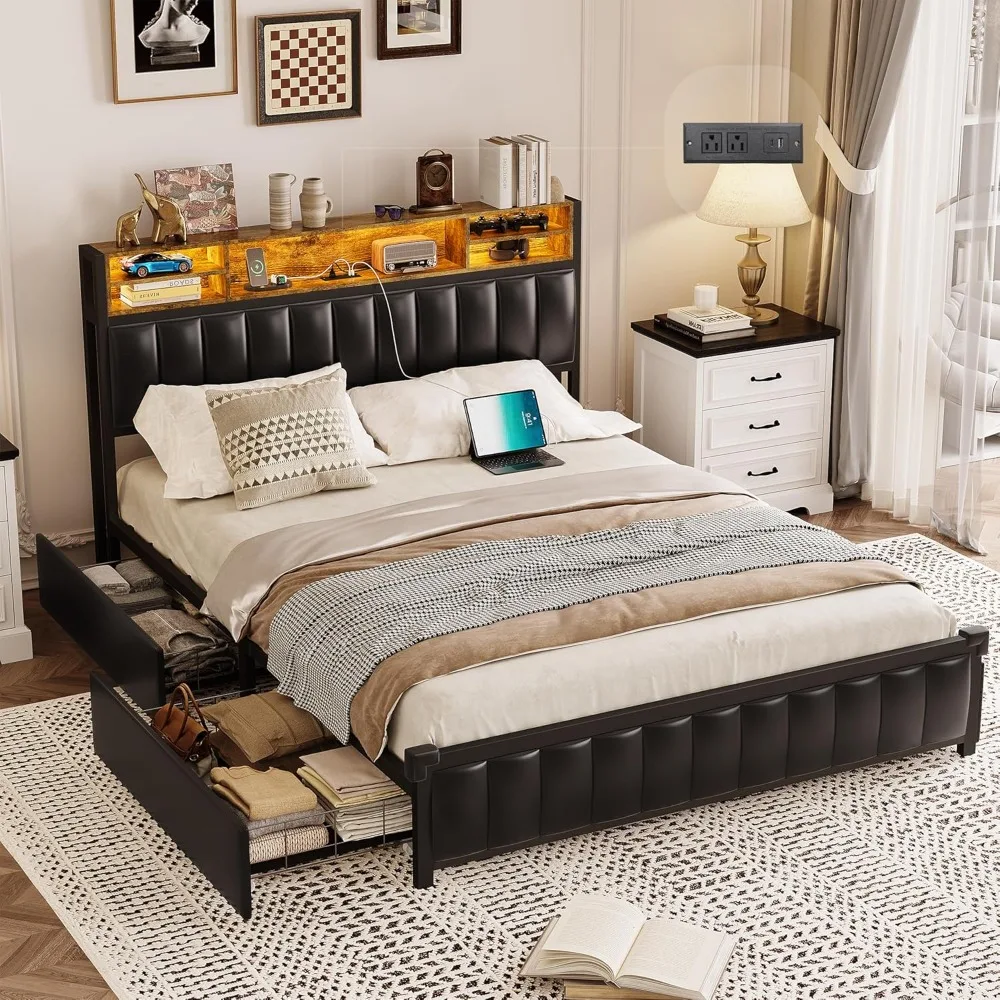 

Queen Bed Frame with 4 Storage Drawers and Bookcase Headboard, Modern PU Leather Platform Queen Size Bed with Type-C & USB Charg