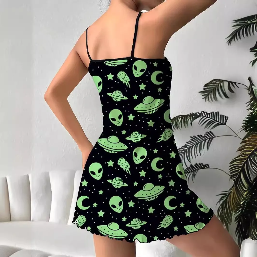 Alien  Print Satin Lettuce Trim Nightgown Casual Round Neck Backless Mini Sleep Dress Women's Sleepwear