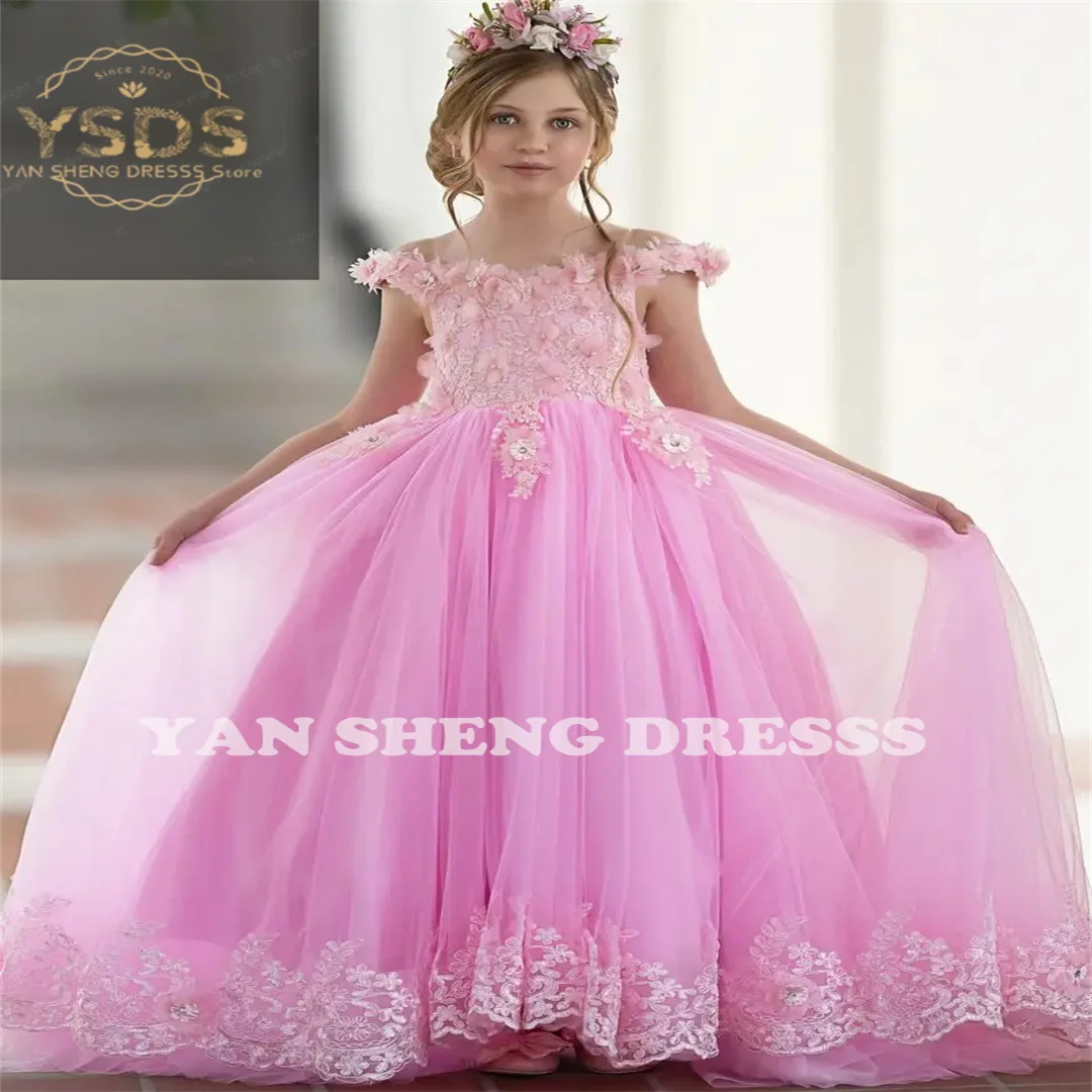 

New Applique Flower Girl Dresses For Wedding Princess Gowns Floor Length Tulle Full Sleeve Kids Birthday Party Pageant Dress