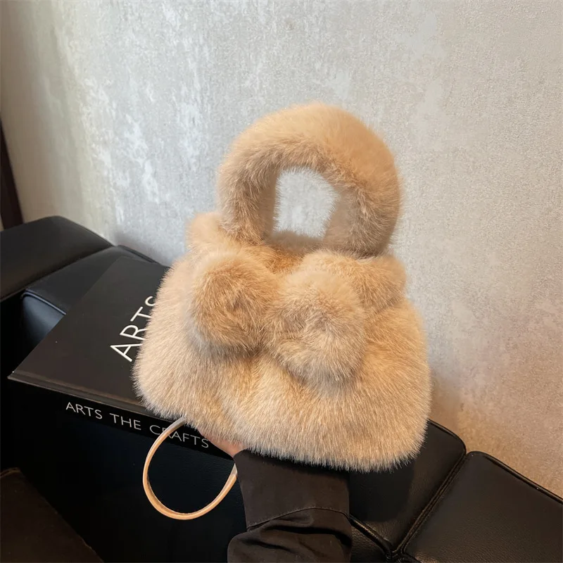 

Women's Faux Fur Mini Handbag with Bow Detail - Solid Color Versatile Shoulder/Handheld Bag for Autumn & Winter
