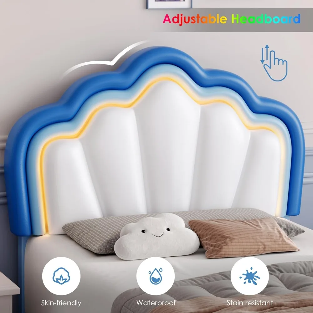 HOSTACK-Marco de cama LED tapizado doble con cajones de almacenamiento, cama bonita para niños con cabecero de loto ajustable, piel sintética