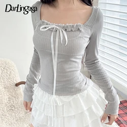 Darlingaga Korean Fashion Autumn T shirt Women Ruched Spliced Bow Y2K Aesthetic Autumn Tee Shirts Tops Square Neck Cutecore Slim