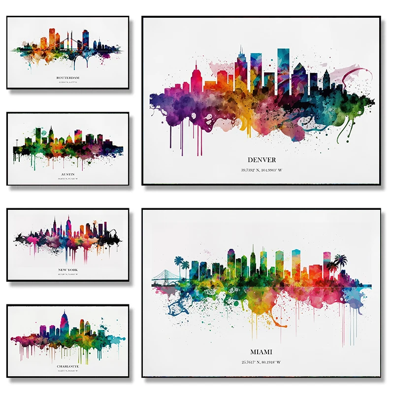 Watercolour City Skyline Poster Tokyo San Diego Las Vegas Cityscape Wall Art Pictures Canvas Painting Living Room Home Decor