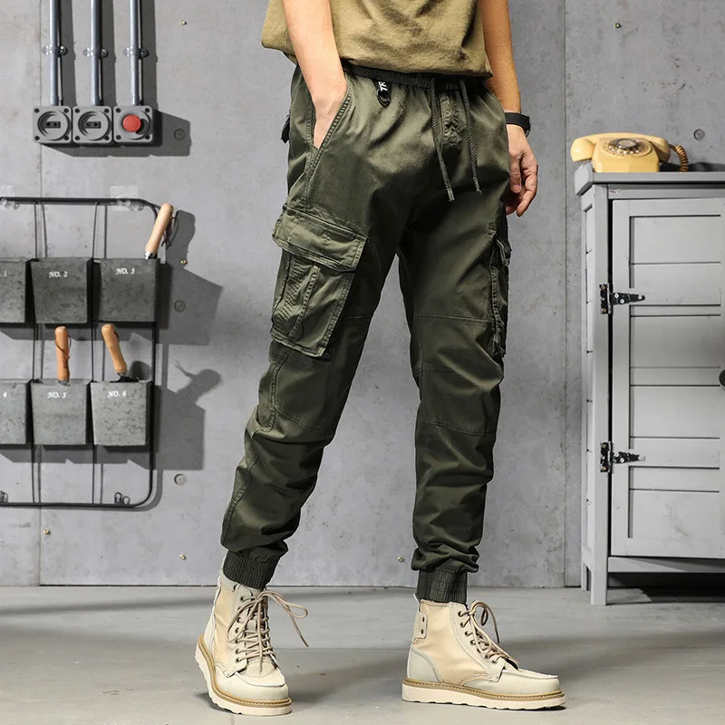 2023 New Cotton Multi-Pockets Cargo Pants Men\'s Slim Fit Joggers Streetwear Casual Trousers Elastic Waist Quality Pantalones