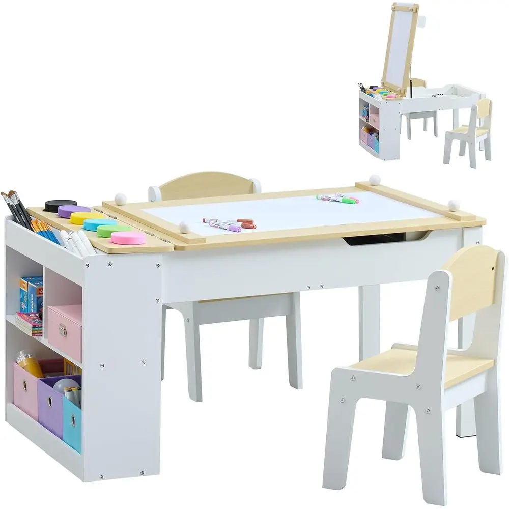 

Children's Art Table and Chair Set, 3-in-1 Easel and Craft Desk, with 6 Paint Cup Holders, Storage Bins, and Paper Roll Holder