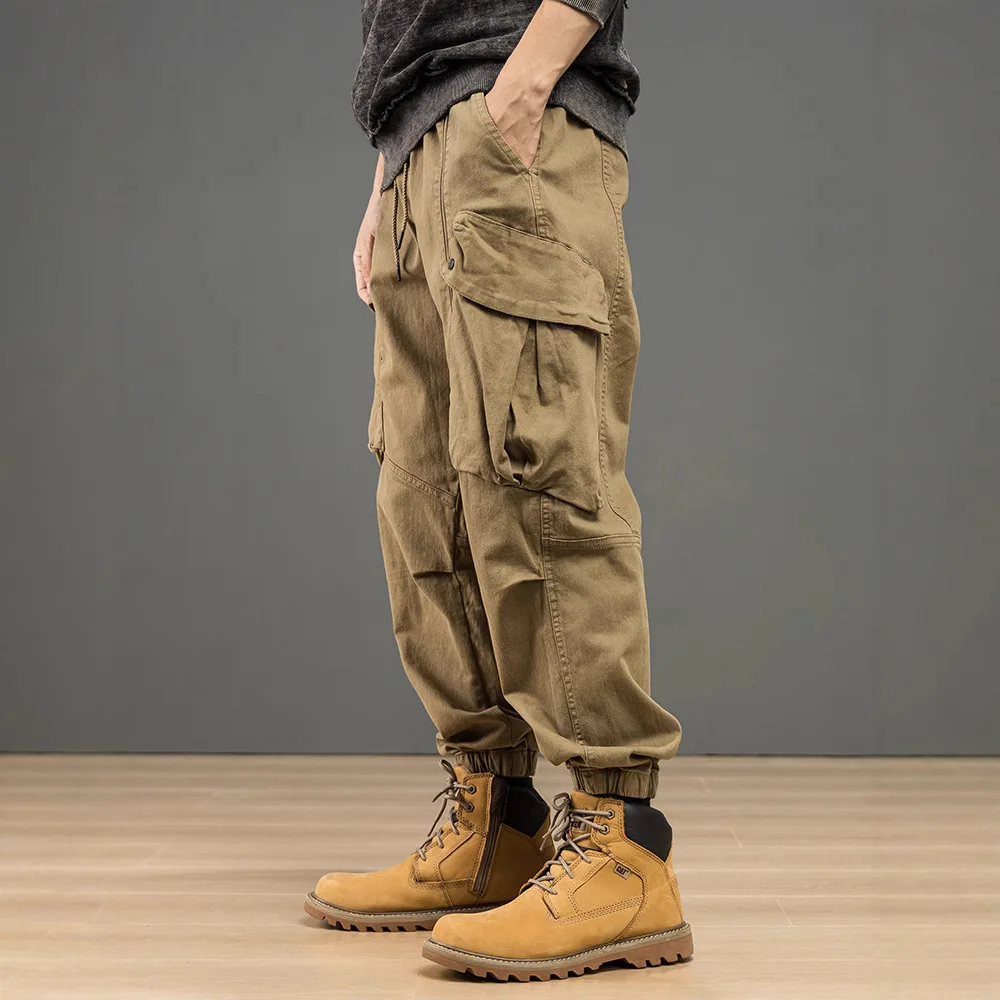 Men Cargo Ankle Pants Large Pocket Functional Loose Fitting Trousers High Street Elastic Woven Distressed Washed  Workwear Pants