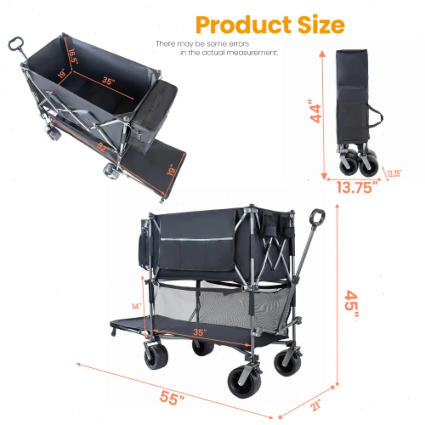 560Lbs Foldable Double Decker Wagon Cart,Beach Carts with Large Wheels&Side Storage Pocket&Dustbag,Large Capacity
