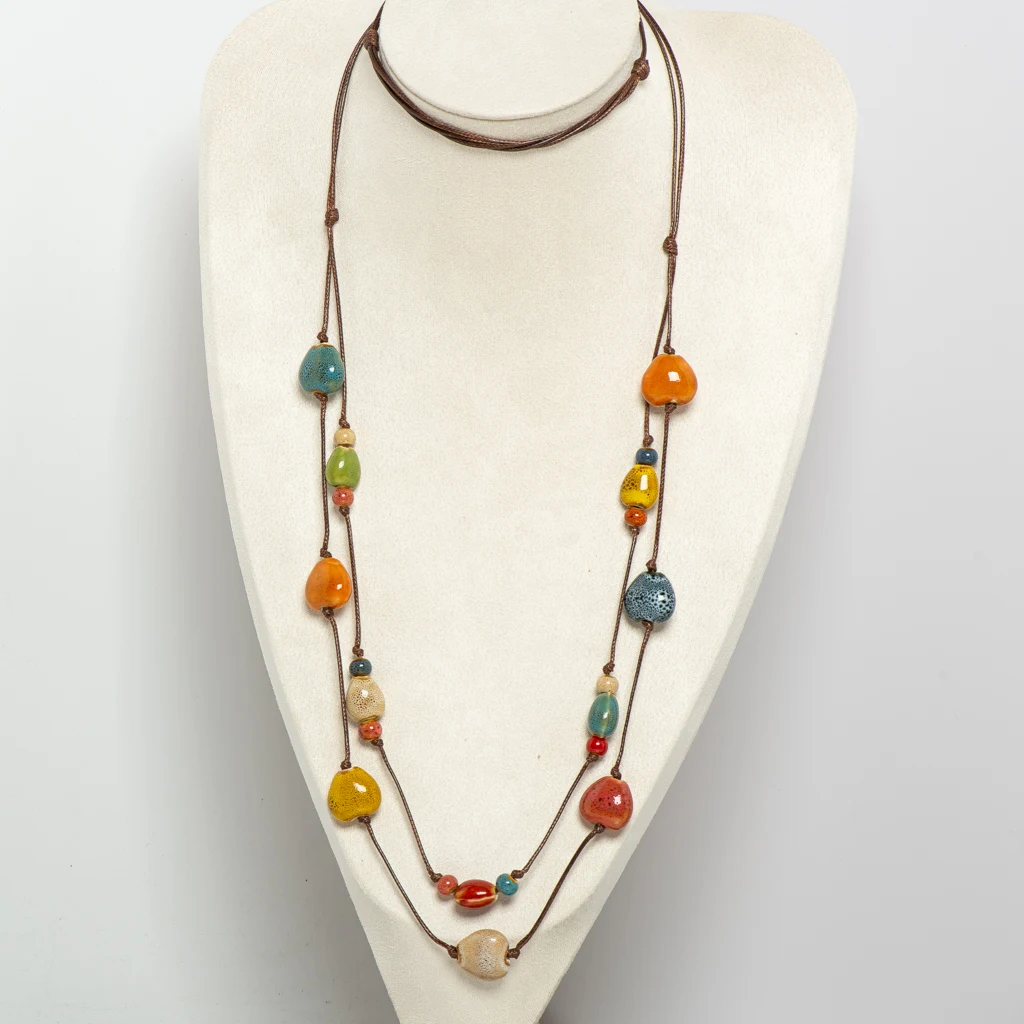 Double Layer Handmade Ceramic Heart Bead Necklace Adjustable 40-80cm Boho Jewelry, Colorful Cord Gift for Women & Girls S001227
