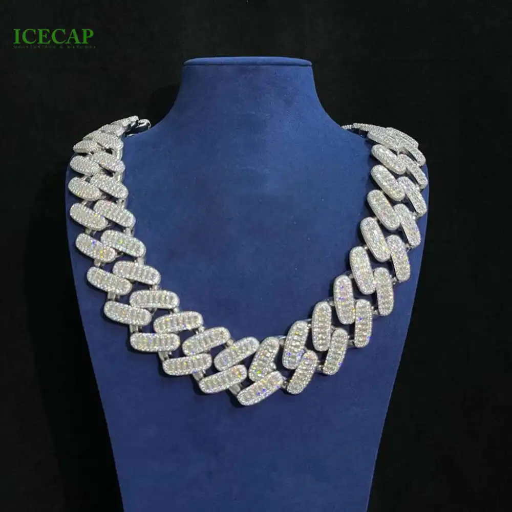 

Iced Out Miami Cuban Link Chain Custom High Quality Baguette Cut Moissanie Silver Cuban Chain Necklace