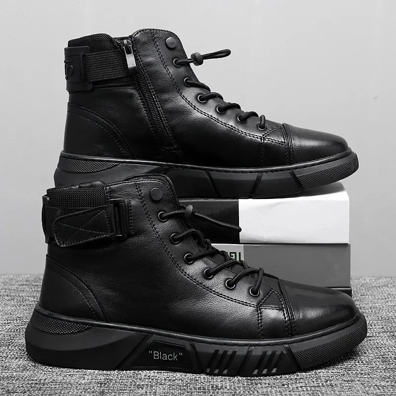 Men Winter Boots Warm Men\'s Leather Plush Warm High Top Casual Leather Boots Comfortable Non-Slip Winter Shoes Plus Size 39-48