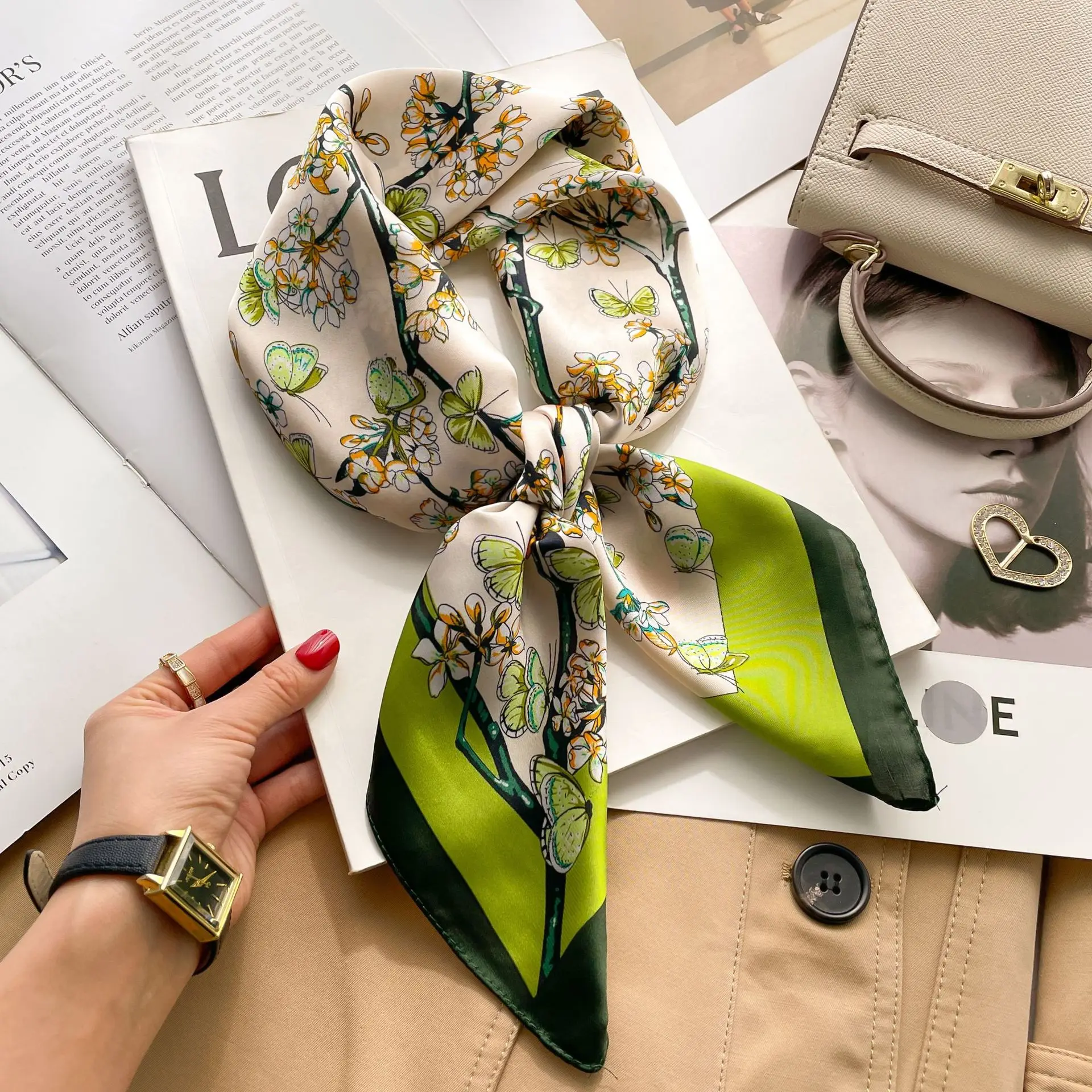 Luxury Design Chain Print Small Square Scarf Simulated Silk Thin Neck Scarf Fashion Summer Sunscreen Headscarf For Women 70x70cm