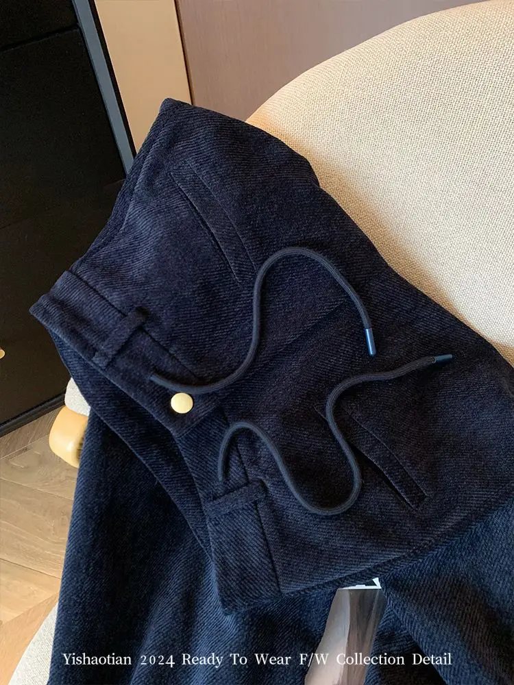 Pantalones informales de pana azul marino con cordón para mujer, pantalones de pierna recta a la moda, primavera y otoño, 2026