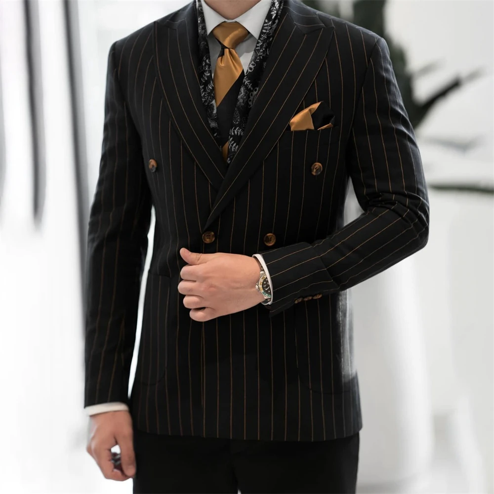 

Black Striped Suits For Men Double Breasted Formal Business Blazer Wedding Groom Tuxedo Daily 2 Piece Jacket Pants Costume Homme