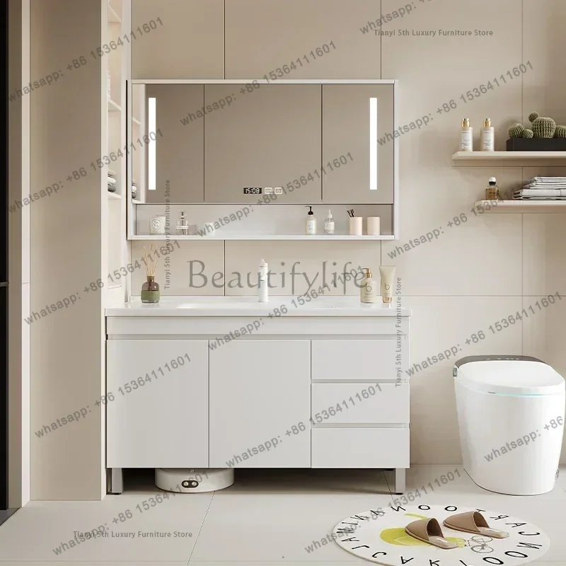 YJ Nordic Solid Wood Bathroom Mirror Modern Cream Style Luxury Beauty Makeup Bathroom Cabinet Vanity Furniture Arredo Bagno FYBC