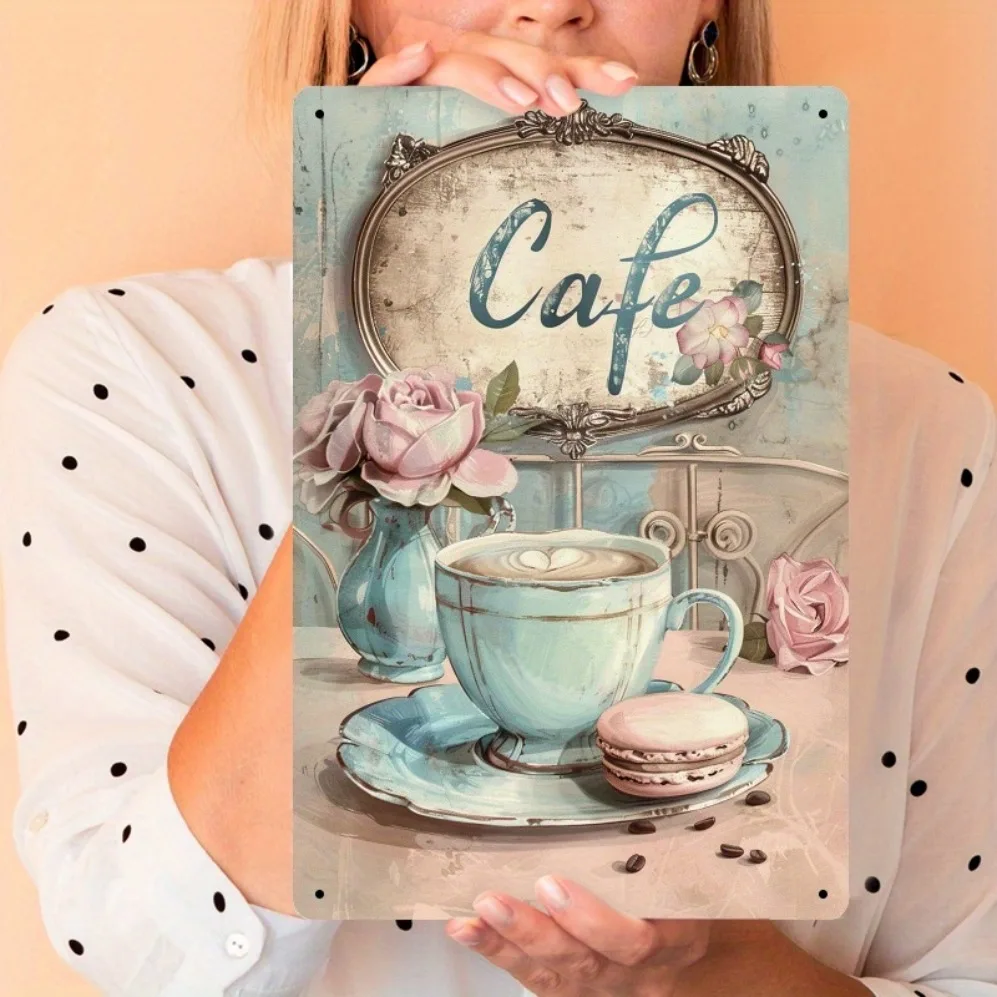 Vintage Shabby Chic 2D Flat Iron Wall Sign: Rose & Macaron Design  Rustic Tin Art for Cafe, Kitchen,Garden, Garage,  Bedroom,
