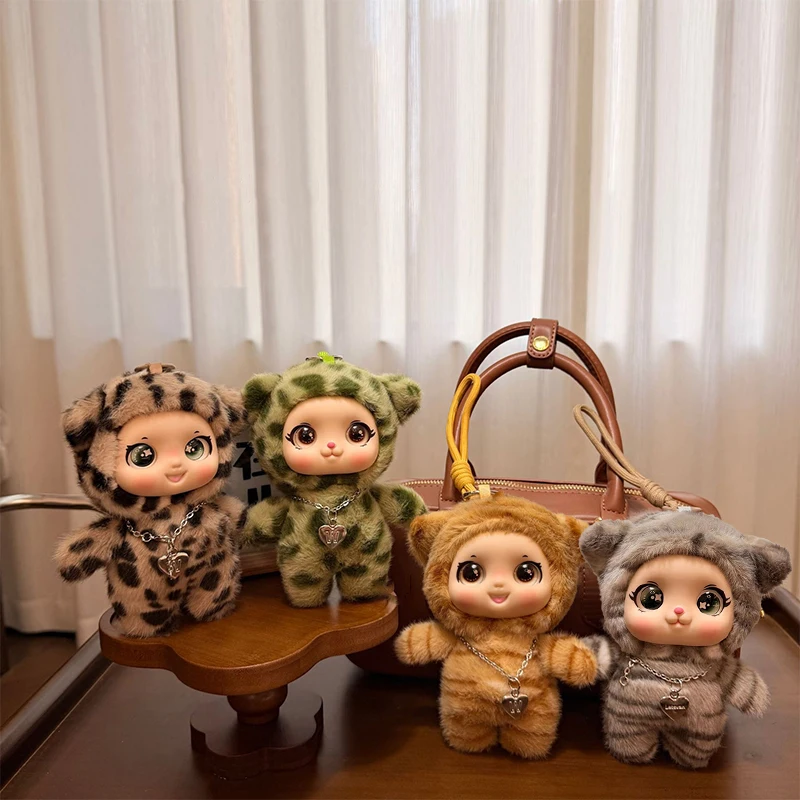 SXH Boneca de Pelúcia com Rosto de Vinil de Olhos Grandes da Série Leopardo de Desenho Animado Fofo, Pingente para Decoração de Mochila, Presentes