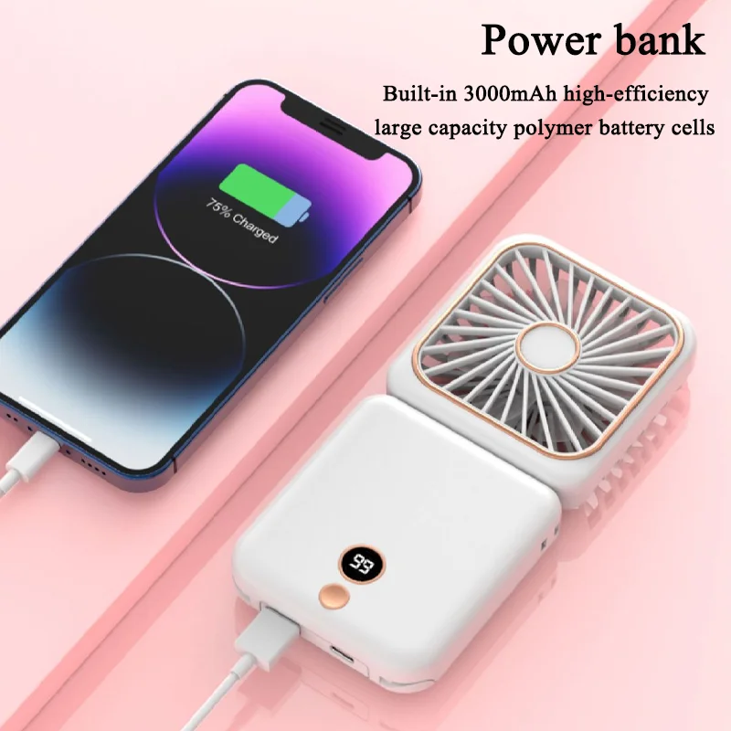 3-in-1 Mini Portable Fan Hanging Neck Fan Handheld Fan & Foldable Mirror with Power Bank, Compact & Portable for Summer Sports