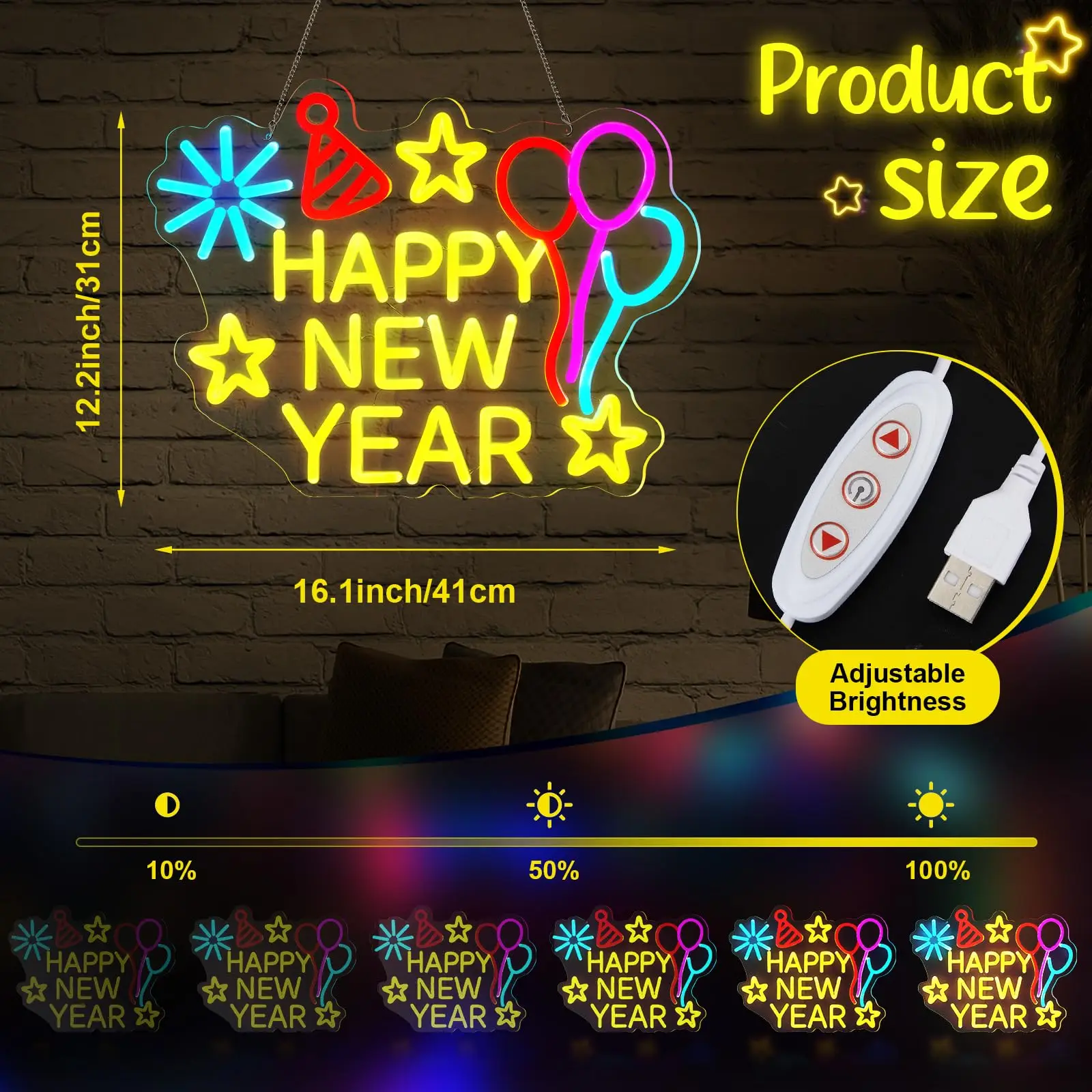 سنة جديدة سعيدة النيون لتزيين جدران غرفة النوم USB بالطاقة الملونة عكس الضوء LED تضيء 2026 مهرجان الربيع لوازم الحفلات #3