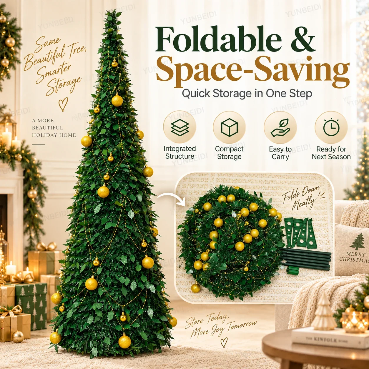 Artificial Foldable Christmas Tree Telescopic Xmas Tree 150-210CM with Bows Optional Warm LED Lights Home Party Christmas Decor