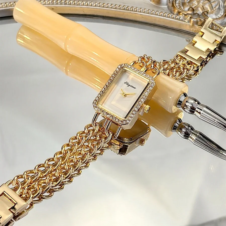 Golden Square-Faced Double-Chain Wrist Watch for Women: A Symbol of Refined Glamour