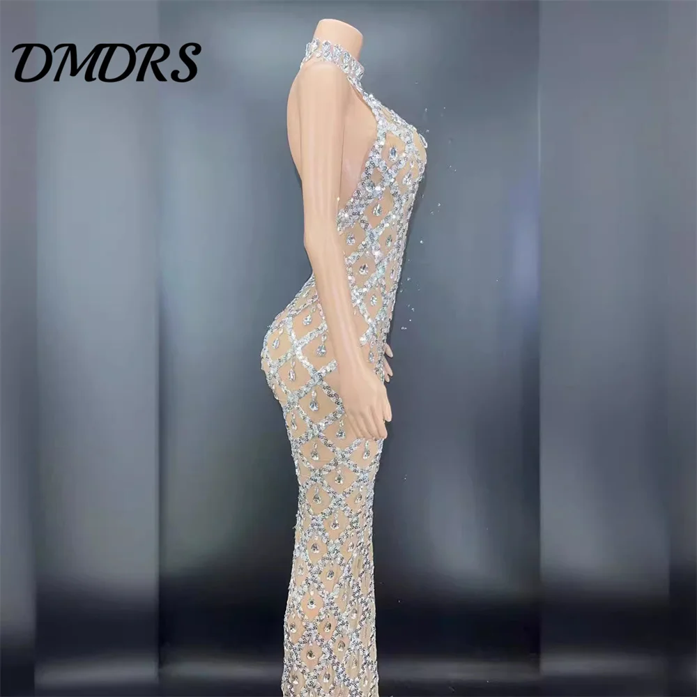 Luxurious Silver Big Rhinestone Transparent Long Dress Sparkly Evening Birthday Celebrate Dancer Flashing Party Prom Dress