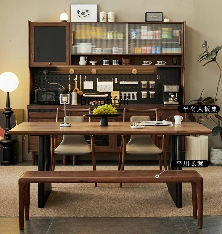 North American Black Walnut Wood Sideboard Cabinet Solid Wood Tea Cabinet Multi-Functional Storage Cabinet with Rock Slab Top