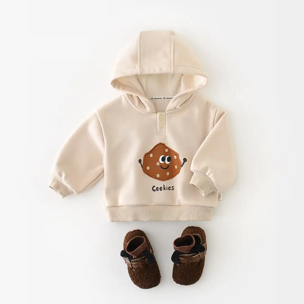 

2025 Winter New Baby Fleece Hooded Sweatshirt Cartoon Print Boys Girls Plus Velvet Thick Tops Cotton Infant Toddler Warm Clothes