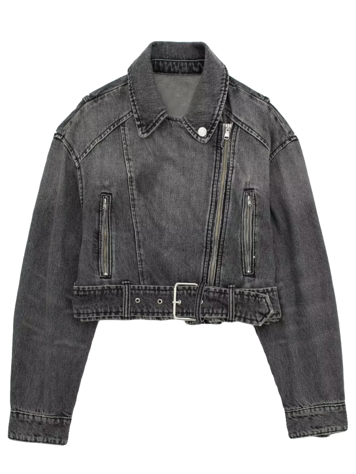 

Sli Versatile Motorcycle Sle Denim Jaet Women's Faion Outerwear ort Coat Flip Collar Regular Thin Loose Fit
