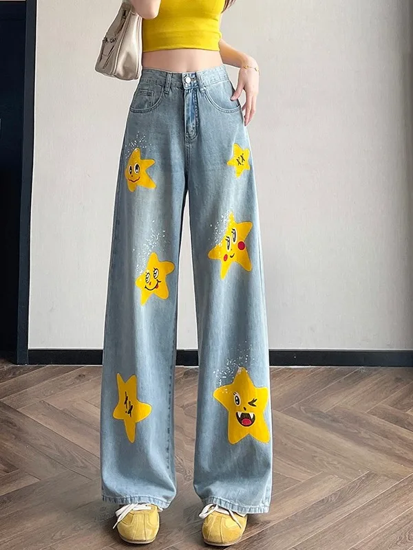 

plus Size Women's American Retro Print High Elastic Wide Leg Jeans Straight Cut Casual Slimming Trousers for Autumn